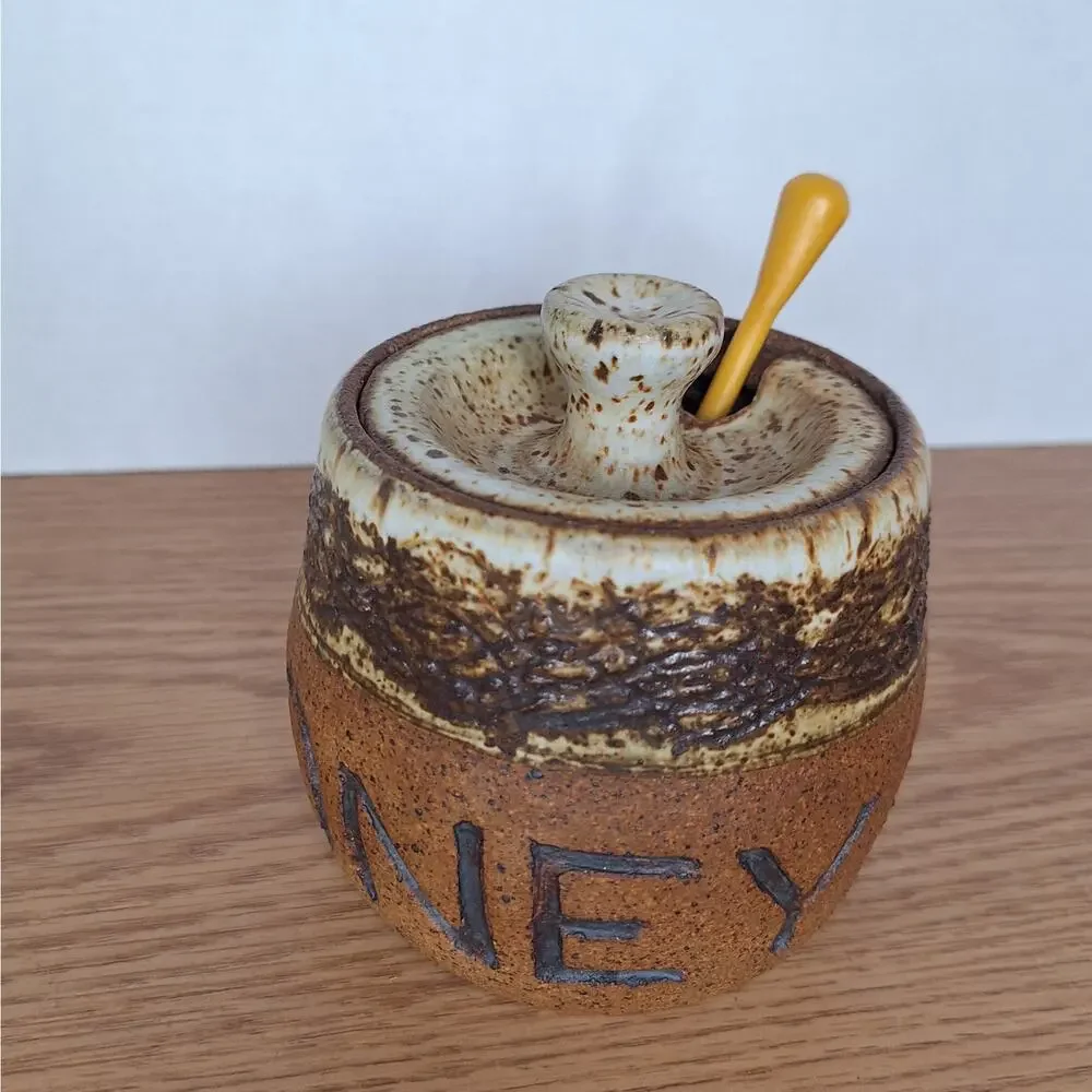 RARE VTG Michael Marsh 1980 Studio Pottery Honey Pot Jar Lid Dipper Stoneware